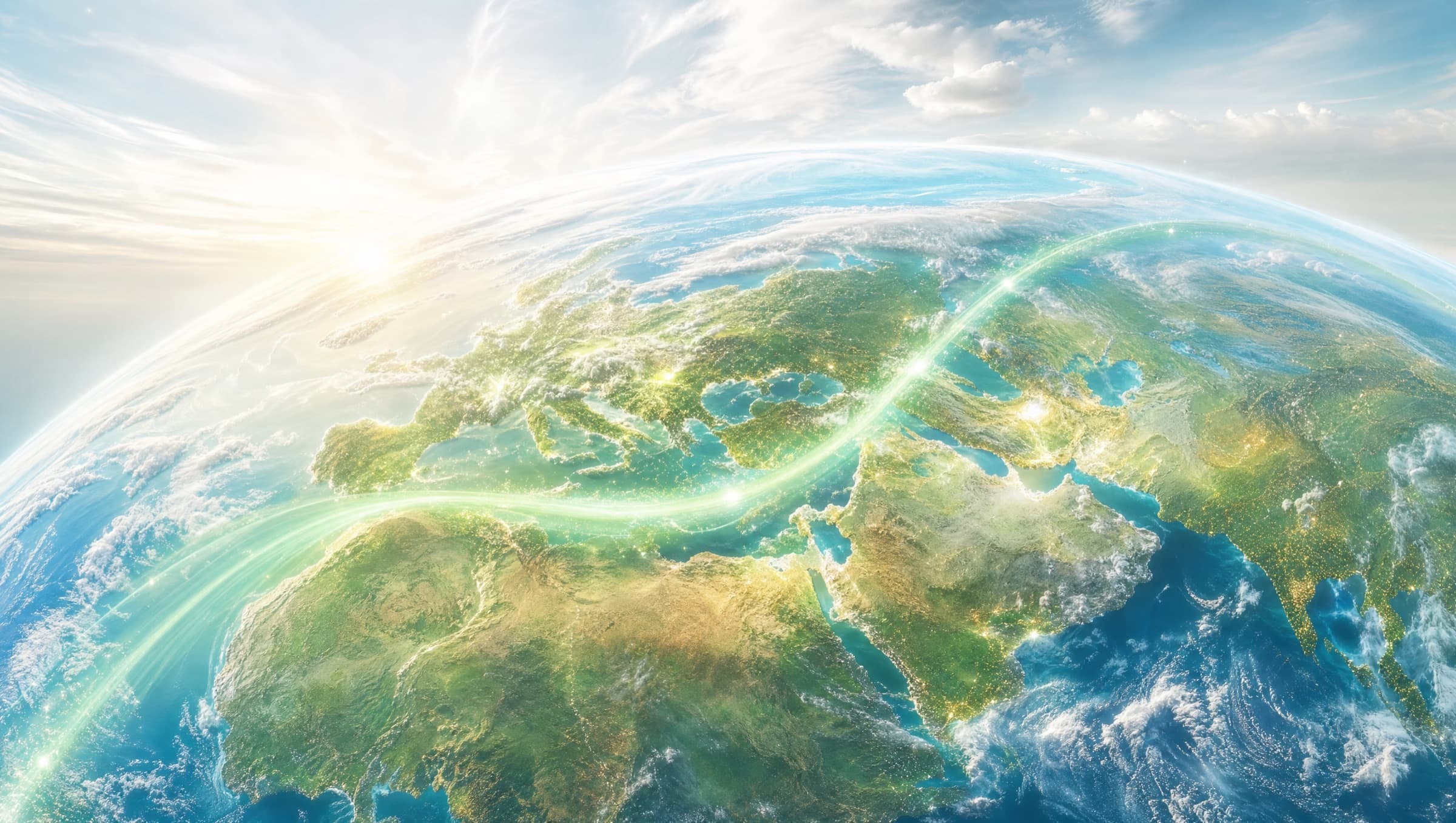 Earth by day with a glowing mint payout route arcing from Africa across Europe to Asia