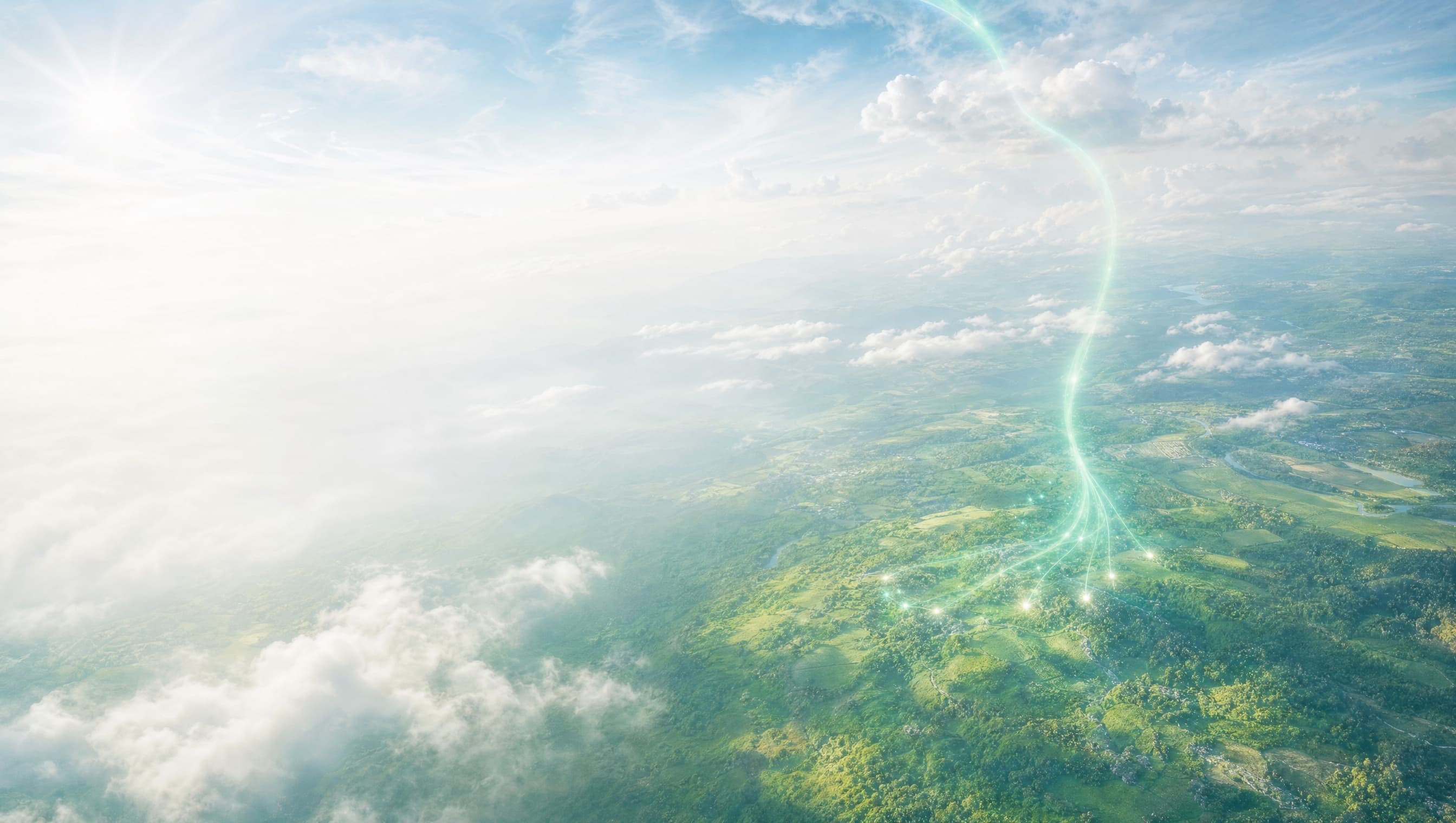 A single mint light thread descending through clouds and fanning out into glowing points on green land below